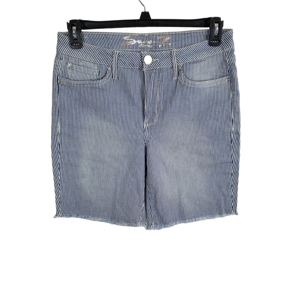 Seven7 Shorts 10 Womens Mid Rise Sunset Bermuda Blue White Striped Raw Hem Casua